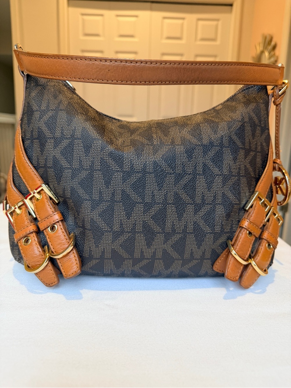 Michael Kors Vintage Monogram Belted Double Buckle Shoulder Crossbody Bag